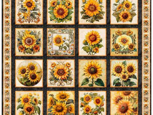 Quilt with a grid of sunflower illustrations in 5x5 squares, bordered by dark strips and decorative floral edging.
