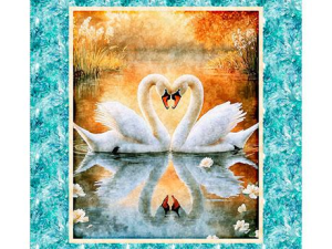 Decorative turquoise frame around a painting of two swans making a heart on a sunset-lit lake, with their reflection in the water.