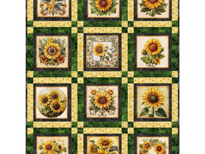 Quilt featuring a grid of sunflower-themed squares in yellow and green tones with dark borders.