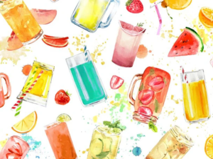 Watercolor pattern of colorful drinks in jars and glasses with fruit slices scattered on a bright white background.