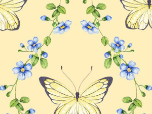 Decorative pattern of yellow butterflies and blue flowers on a pale yellow background.