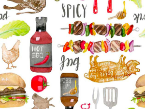 Colorful barbecue-themed collage featuring burgers, skewers, sauces, vegetables, grill tools, and chicken/beef silhouettes.