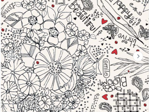 Intricate black-and-white floral doodle pattern with tiny red hearts and uplifting words scattered throughout.
