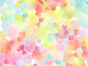 Decorative pattern of pastel translucent circles with butterfly silhouettes and a measuring ruler along the bottom edge, suggesting a fabric or design sample.