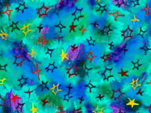 Abstract turquoise and blue tie-dye background scattered with multicolored star shapes