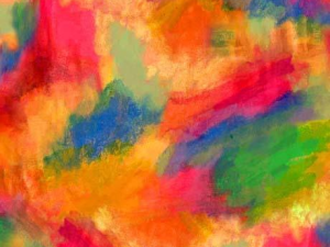 Abstract colorful painting with bold reds, oranges, greens, blues, and purples blending across the canvas.