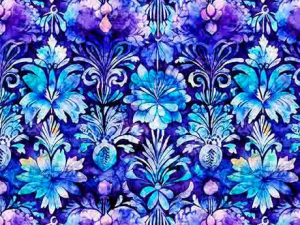 Intricate blue and purple damask floral pattern repeating across fabric.