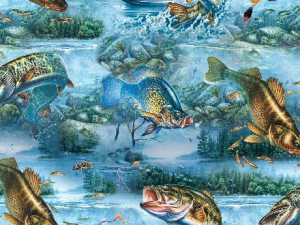 Vivid underwater scene with large predatory fish swimming around a coral reef and a small boat with a person above the surface.
