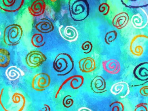 Abstract pattern of multicolored spirals on a turquoise-blue watercolor background (decorative art).