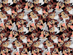 Decorative seamless pattern of snarling cartoon wolves in brown and tan with white manes and pink tongues.