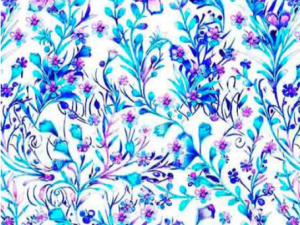 Decorative floral pattern in blue and purple with butterflies on a white background