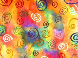 Abstract rainbow background with multicolored spirals and swirls.