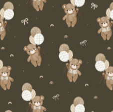 Pattern of small teddy bears holding white balloons on a dark brown background (seamless wallpaper)