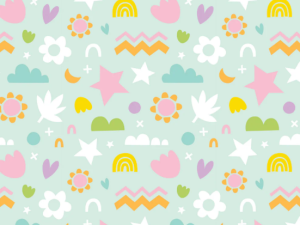 Pastel decorative pattern with stars, flowers, rainbows, hearts, clouds, suns, and zigzags on a light teal background.