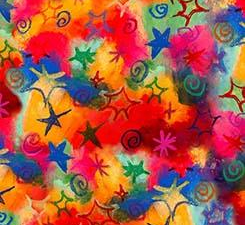 Vibrant abstract pattern with multicolored splashes, stars, and swirly shapes; a festive decorative background.