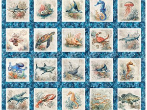 Grid of 25 square illustrations featuring different marine animals (fish, seahorse, crab, octopus, shark) on beige panels with a blue ocean background.