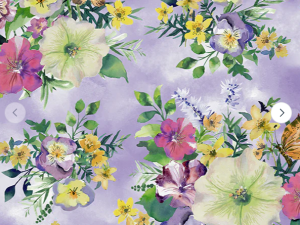 Watercolor-style floral pattern with yellow, pink, purple, and green blooms on a lavender background