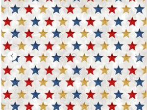 Pattern of red, blue, and gold stars on a white background, a patriotic fabric print.