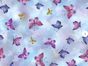 Pastel blue background with pink, purple, and yellow butterflies scattered across.