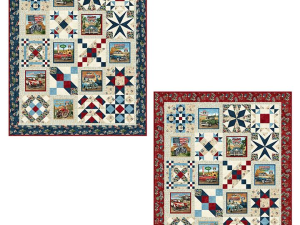 Two patchwork quilts with car-themed panels and star blocks; one with a dark blue border, the other with a red decorative border.