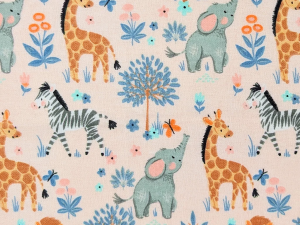 Decorative fabric pattern with pastel safari animals (elephants, giraffes, zebras, lions) among blue flowers and butterflies on a pale pink background.