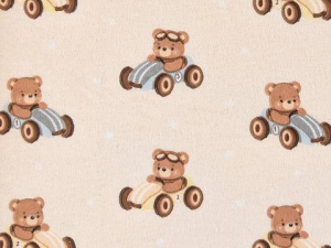 Decorative nursery pattern featuring small teddy bears riding toy cars on a pale peach background.