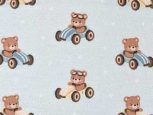 Repeating pattern of small teddy bears driving yellow and blue toy cars on a pale blue background.