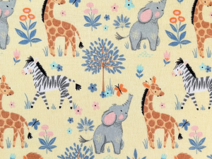Playful fabric pattern showing elephants, giraffes, zebras, and lions among blue flowers on a pale yellow background.