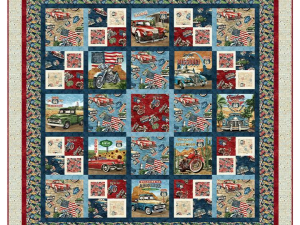 Decorative quilt featuring a Route 66 travel theme with vintage cars and posters in blue and red patchwork borders.