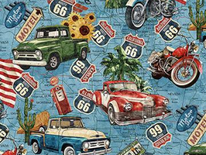 Colorful retro collage of Route 66 motifs—vintage cars and motorcycle, motel signs, palm trees, sunflowers on a blue map background.