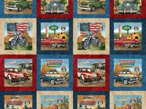 Collage of retro vehicle quilt squares featuring cars, trucks, and motorcycles with Route 66 signs in red, blue, and beige patches.