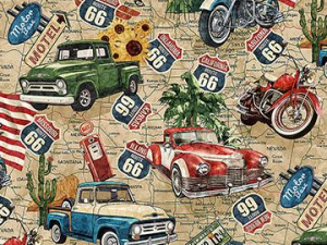Vintage Route 66 collage with classic cars, motorcycles, road signs, gas pumps, and desert map motif.