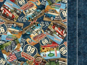 Canvas bag panel, 28" x 43", featuring a collage of Route 66 vintage signs, cars, and Americana decals on a blue denim background.
