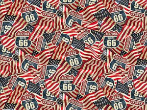 Patterned fabric featuring Route 66 shields interspersed with American flags and red-white stripes.